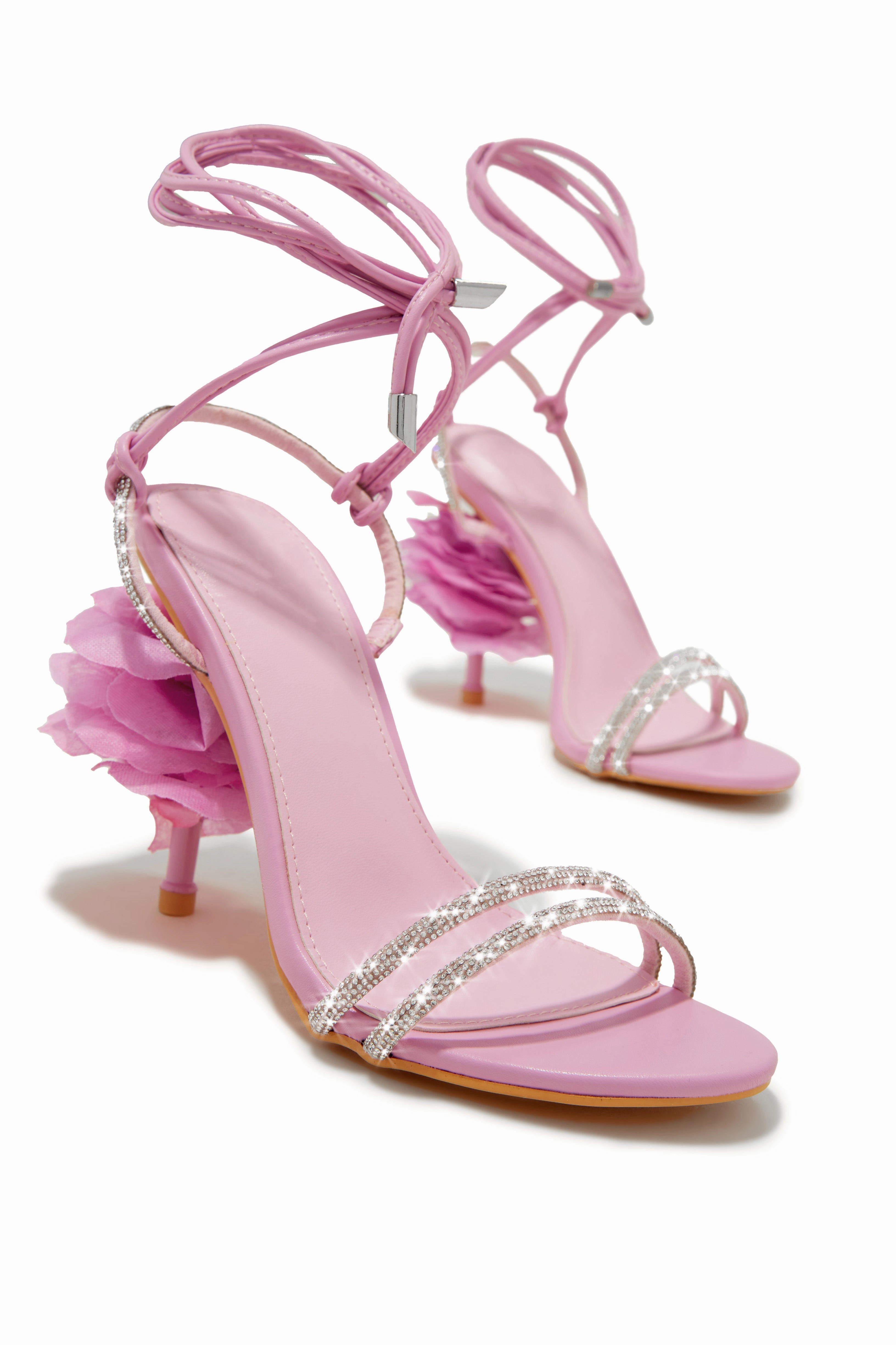 Alessia Lace Up Embellished Heels - Pink