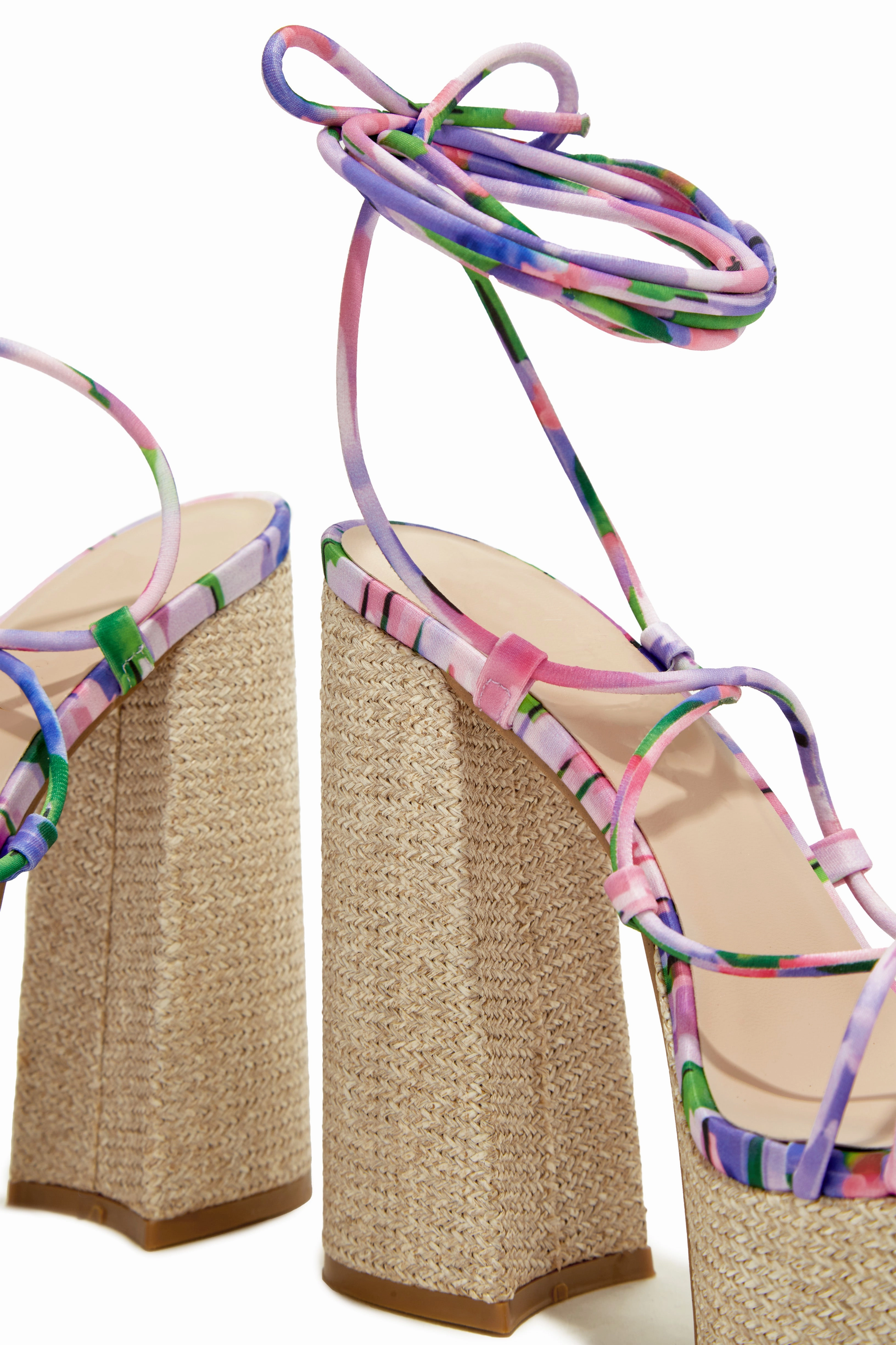 Brunch Al Fresco Lace Up Platform Block High Heels - Print