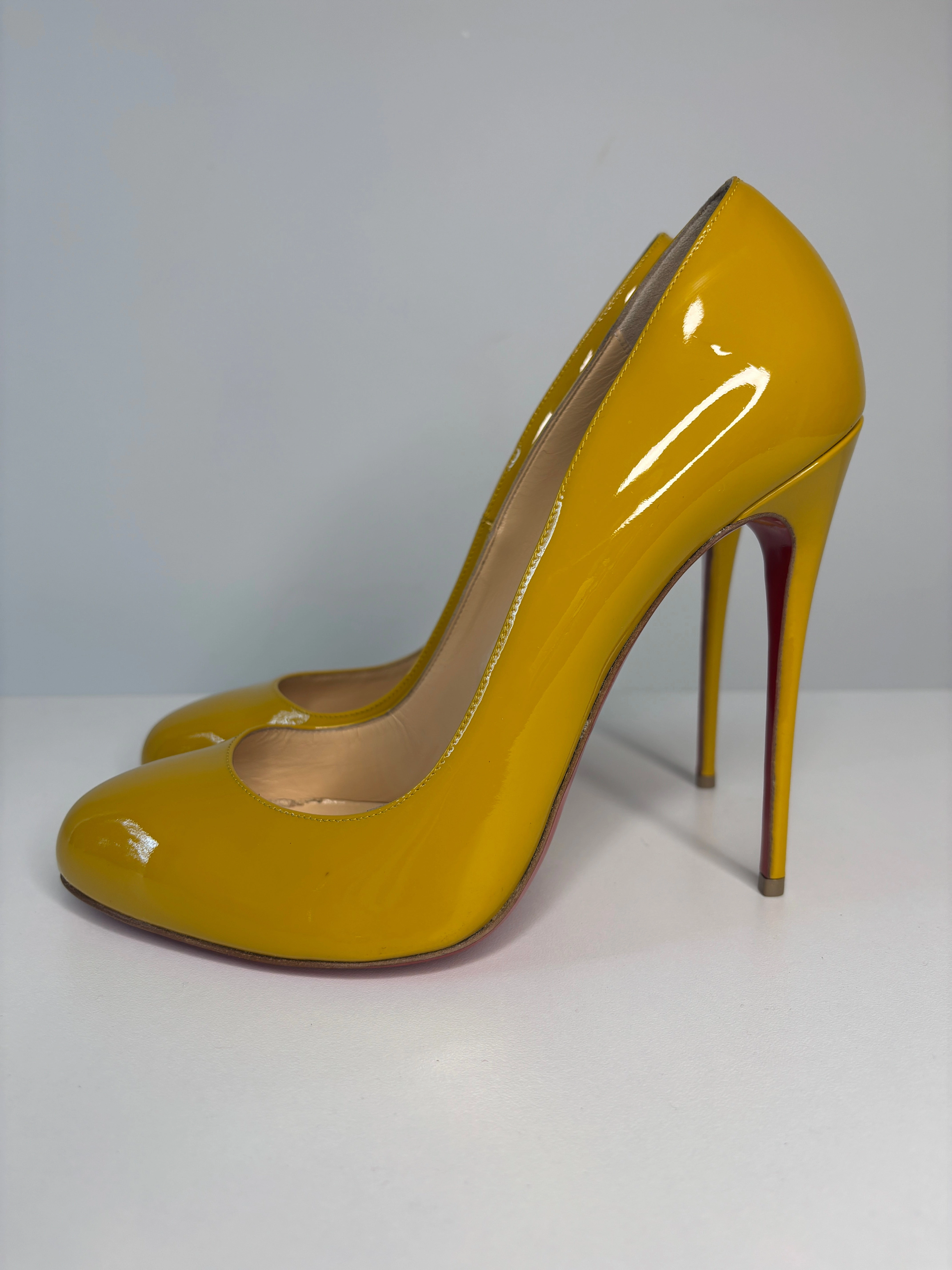 Christian Louboutin Mustard Yellow Patent Leather Heels 40 UK7 - Preloved