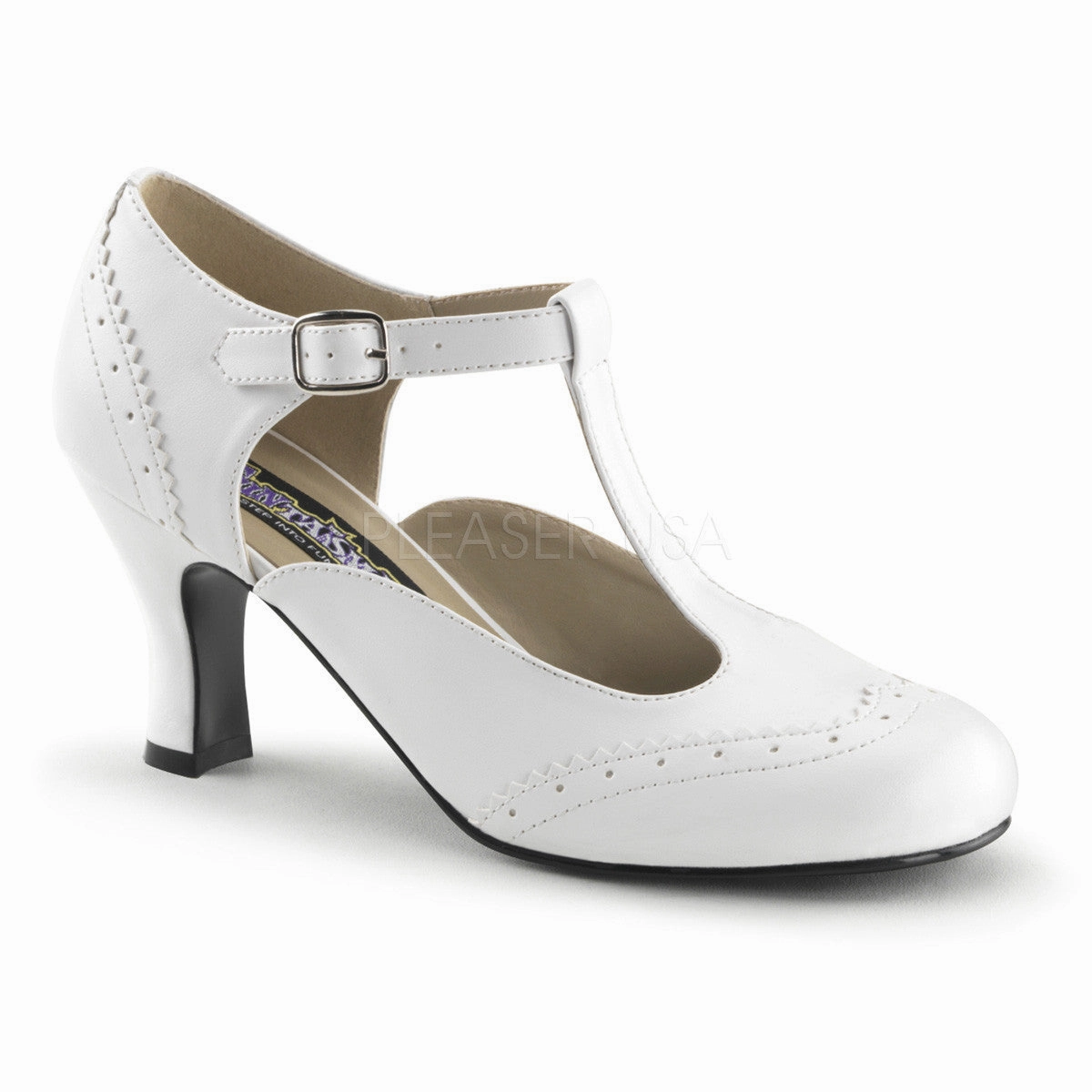 FUNTASMA FLAPPER-26 White Pu T-Strap Pumps