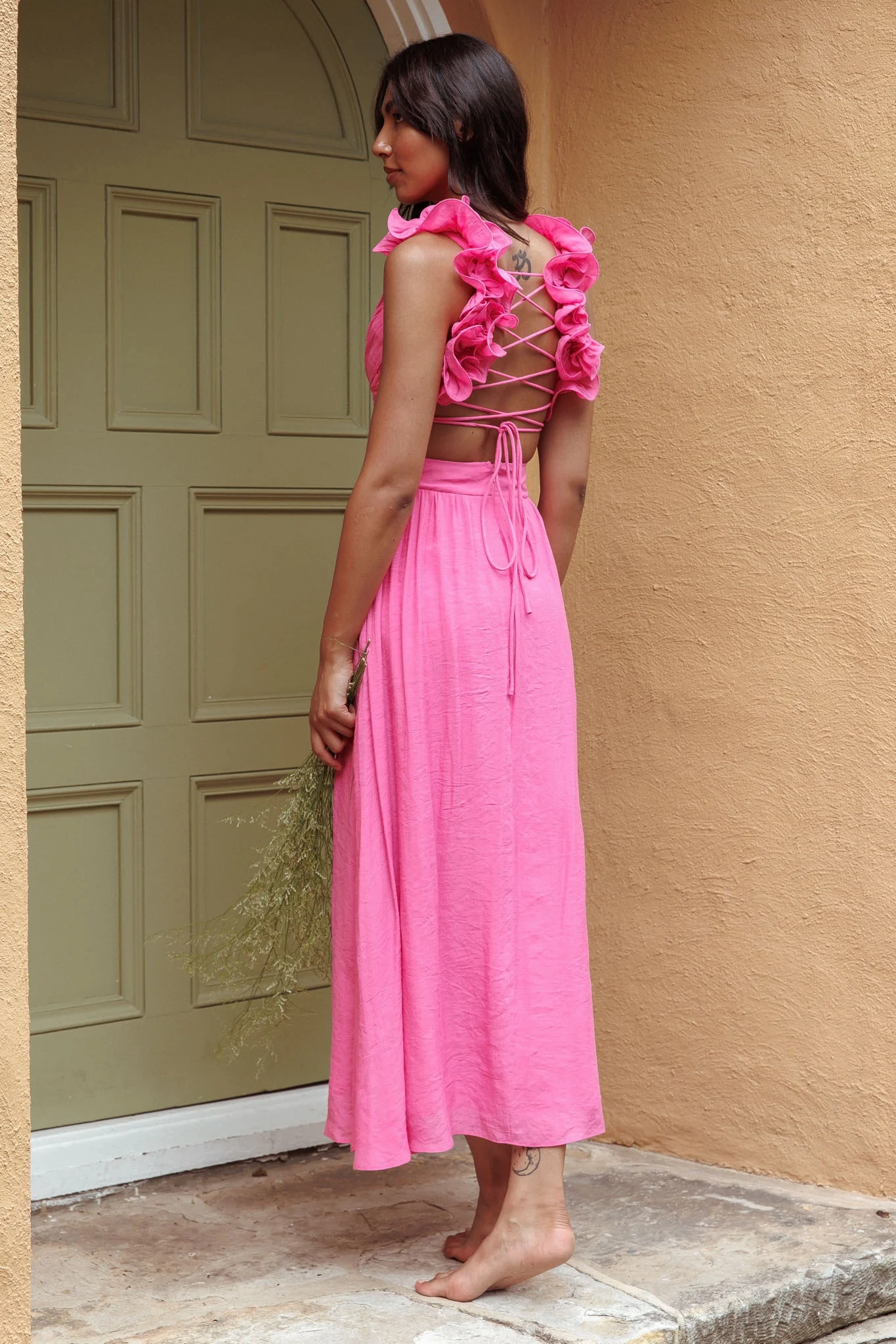 Madara Laced Back Ruffle Dress Hot Pink