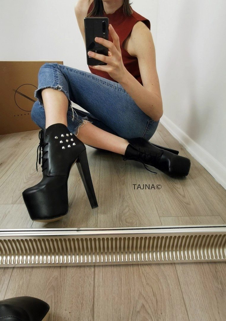 Pinned Black Lace Up Platform Ankle Booties