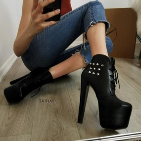 Pinned Black Lace Up Platform Ankle Booties