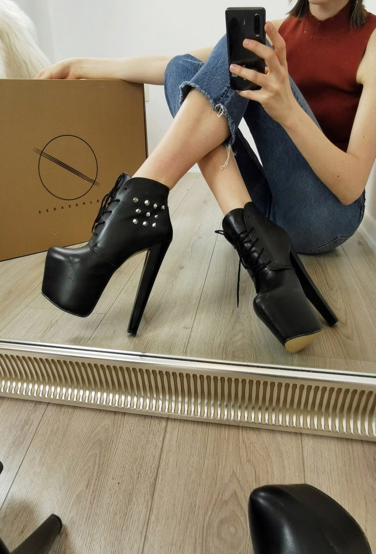 Pinned Black Lace Up Platform Ankle Booties