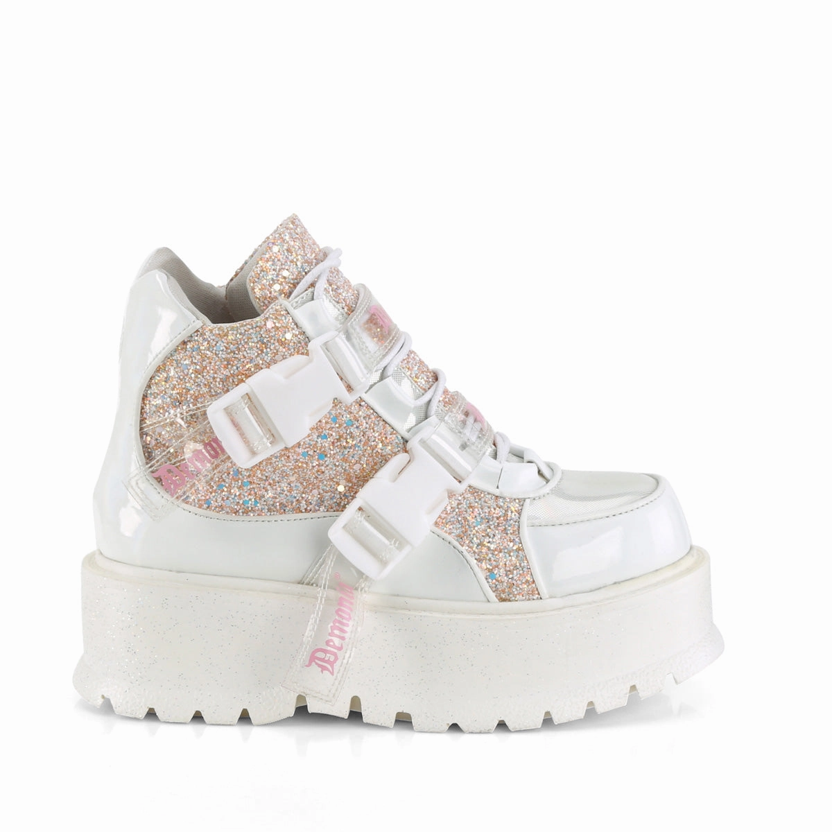 SLACKER-50  White Holographic Patent-Baby Pink Multi Glitter