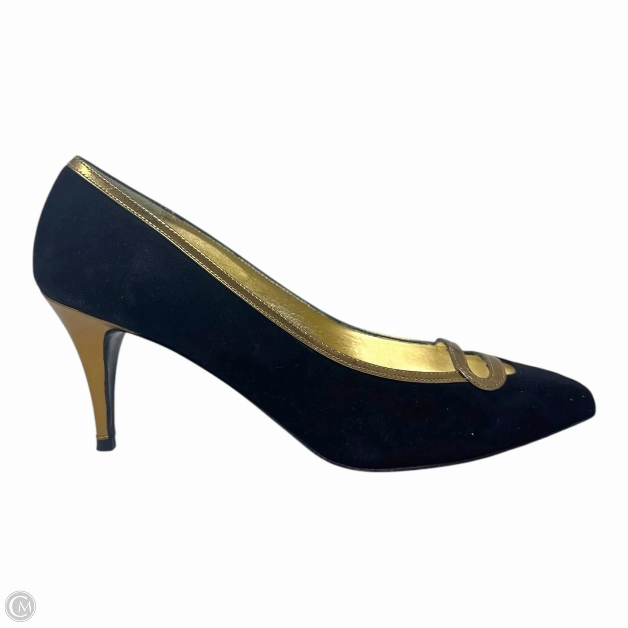 Vintage Gold Trim Suede Heels Shoes Heels Stiletto By Claudia Ciuti In Black & Gold, Size: 9.5